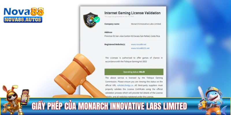 NOVA88 được cấp phép bởi Monarch Innovative Labs Limited